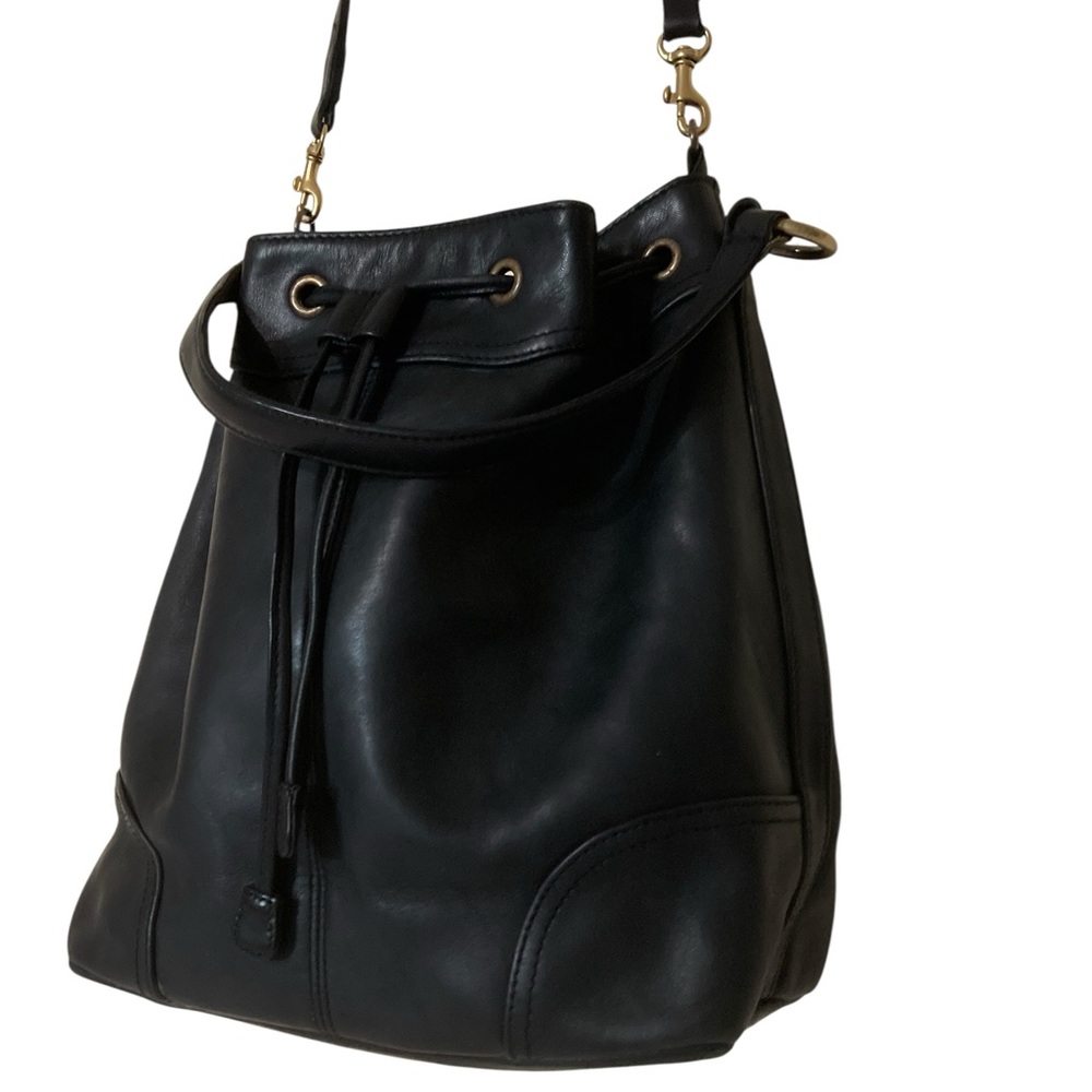 Cowhide Black Leather Bucket Crossbody Bag